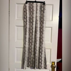 White Snakeskin Print Flare Pants
